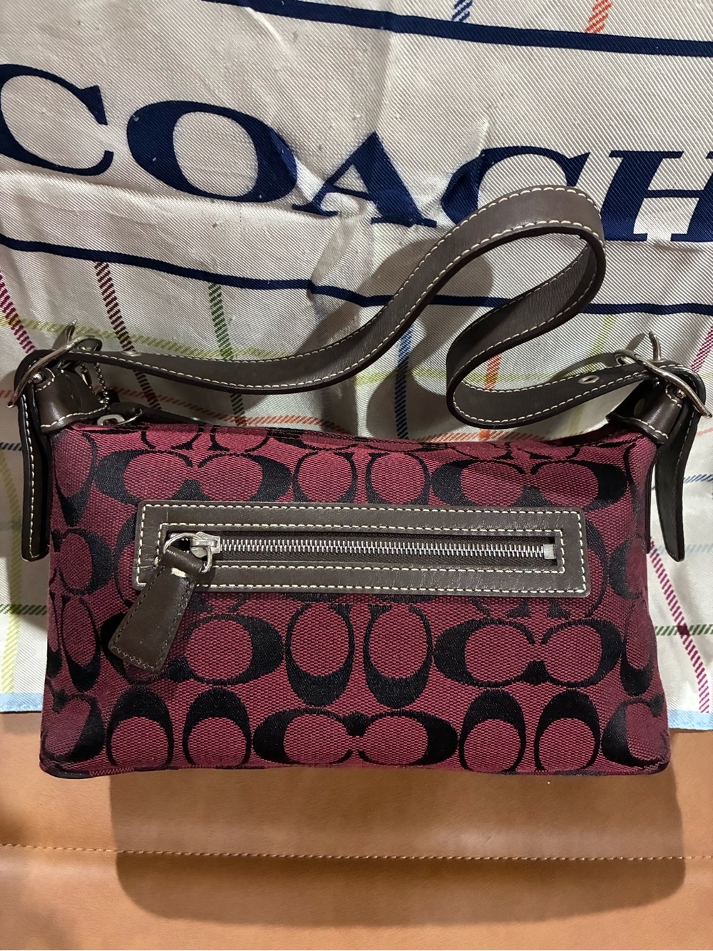 Coach Y2K Burgundy and Brown Leather trim with Signature Jacquard Shoulder Bag